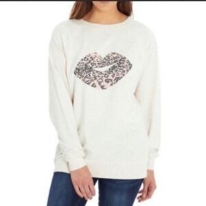 Wildfox Cheetah Kiss Lips Oversized Sweatshirt‎ Cream Pink XL